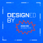 Designed by event identity gif with blue background and white text